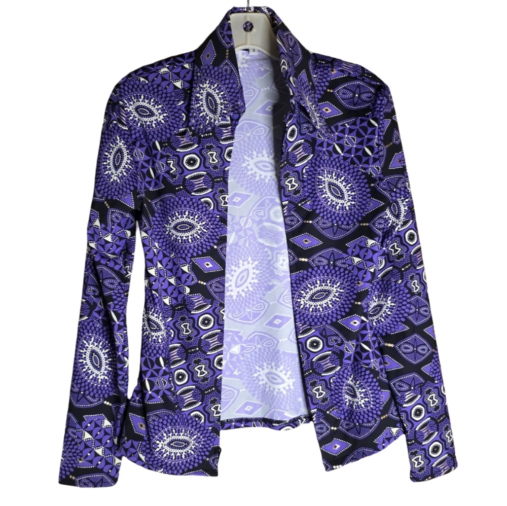 Show Dressed Up Purple Geometric Print Jacket Rhinestone Detail Size S USA Made